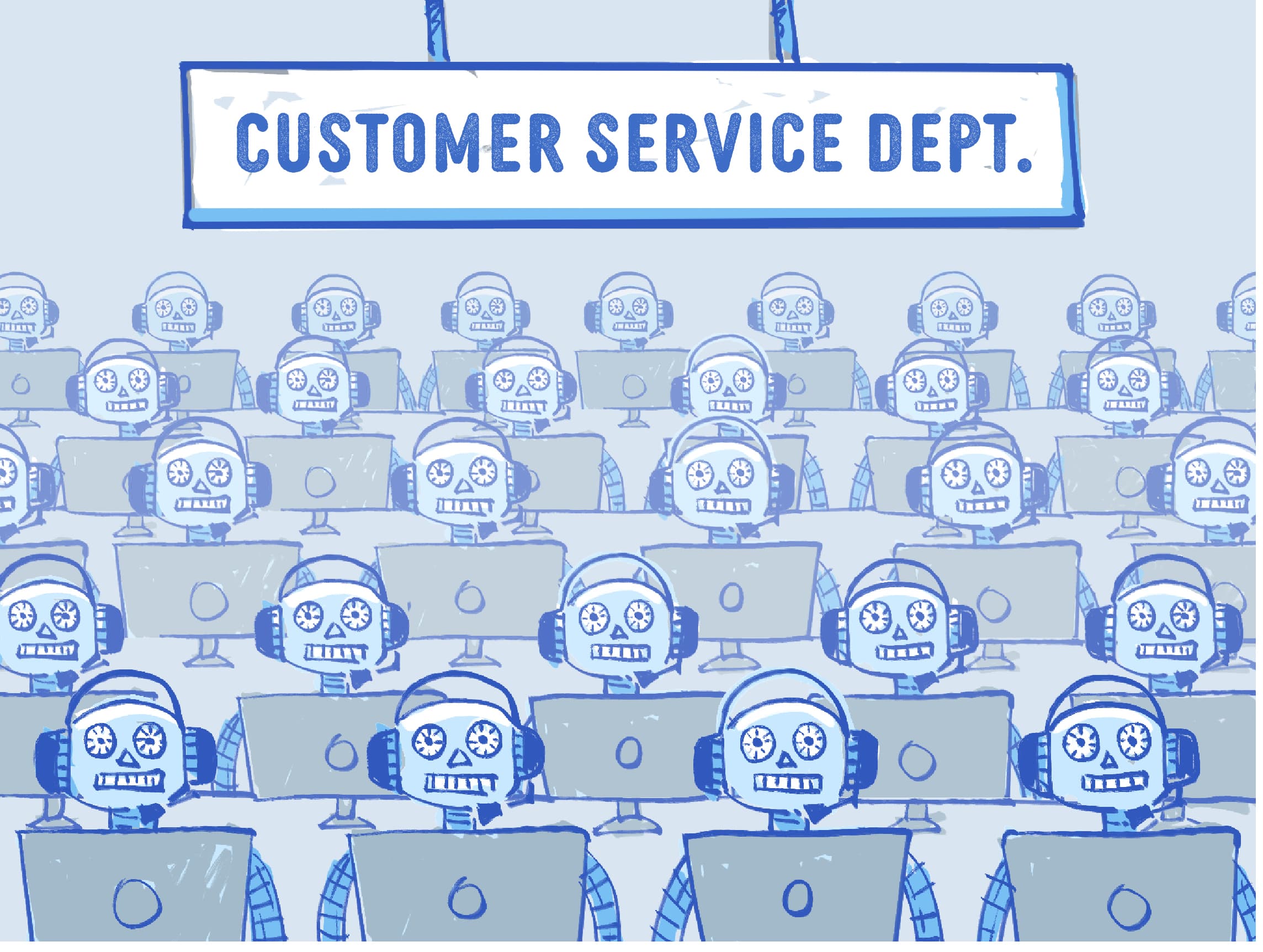 Illustration of a room full of robot customer service agents